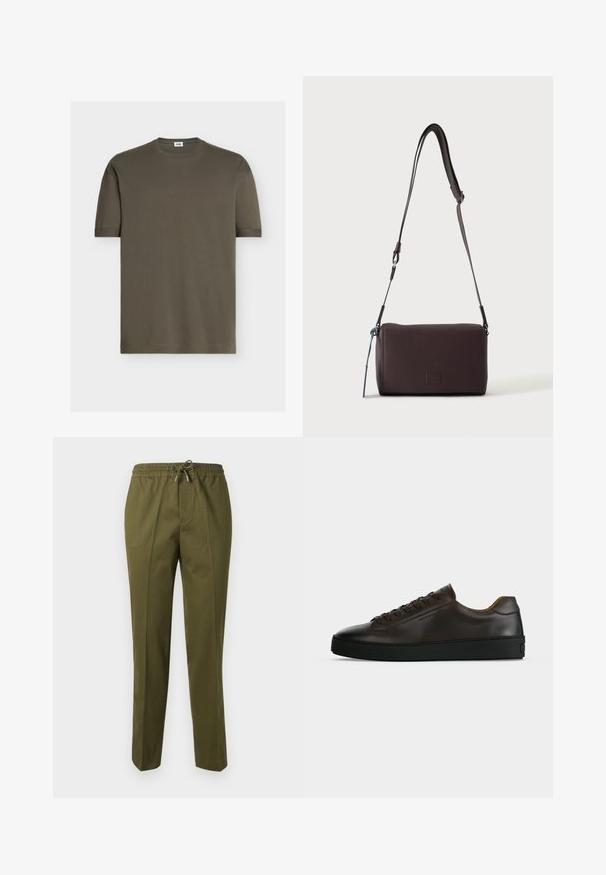 T-shirt vert olive uni à manches courtes avec col rond et petite étiquette blanche à l'intérieur du col au dos.; Pantalons légers vert olive avec une taille élastique, fermeture à cordon de serrage et un design ajusté avec des plis à l'avant.; Baskets basses en cuir marron foncé avec semelle en caoutchouc noire, lacets à l'avant et design minimaliste épuré sur fond clair.; Sac bandoulière en cuir marron foncé texturé avec une sangle réglable et un petit accent décoratif bleu sur le côté.