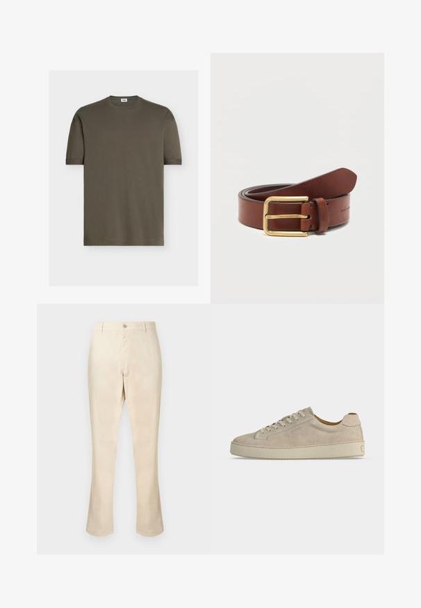 T-shirt vert olive uni à manches courtes avec col rond et petite étiquette blanche à l'intérieur du col au dos.; Pantalon beige en tissu lisse, présentant une coupe droite, une fermeture à boutons sur le devant, sans motifs ni accents visibles.; Baskets basses beiges en daim avec fermeture lacée et semelle épaisse en caoutchouc, vues de profil sur fond blanc uni.; Ceinture en cuir marron avec boucle rectangulaire dorée, roulée sur un fond blanc uni.