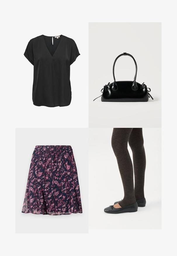 Zwarte blouse met korte mouwen, V-hals en knoopsluiting aan de achterkant, losse pasvorm, gemaakt van gladde stof.; Marine rok met elastische tailleband, voorzien van een abstract bloemenpatroon in roze en paars en een licht uitlopende zoom.; Benen met donkere geribbelde leggings gecombineerd met zwarte ballerina's met kleine strikdetails op een witte achtergrond.; Kleine zwarte glanzende handtas met twee lange hengsels en zijkant trekkoord details op een effen lichte achtergrond.