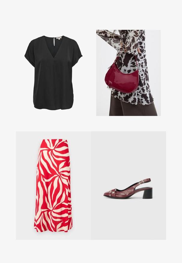Zwarte blouse met korte mouwen, V-hals en knoopsluiting aan de achterkant, losse pasvorm, gemaakt van gladde stof.; Rode en witte maxi-rok met groot abstract bladpatroon, A-lijn silhouet en een gladde tailleband.; Bordeaux leren slingback schoen met een ronde neus, gebogen ontwerp, zilveren hardware accenten en een blokhak. Textuurafwerking.; Vrouw met een zwart-wit gebloemde blouse houdt een glanzende rode schoudertas vast tegen een effen achtergrond.