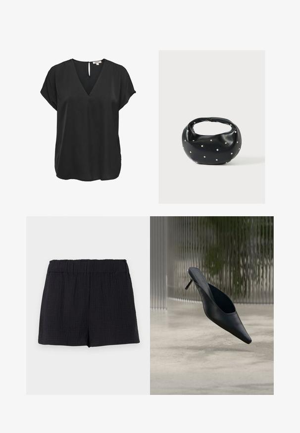Zwarte blouse met korte mouwen, V-hals en knoopsluiting aan de achterkant, losse pasvorm, gemaakt van gladde stof.; Zwarte korte broek van gestructureerde stof met een elastische tailleband en een losse, ontspannen pasvorm.; Zwarte mule met puntige neus en dunne hoge hak, die boven een gladde betonnen vloer zweeft, met een wazige verticale gestreepte achtergrond.; Zwarte leren handtas met een afgeronde vorm, versierd met zilveren studs, en een korte handgreep. Gladde textuur en ritsluiting.