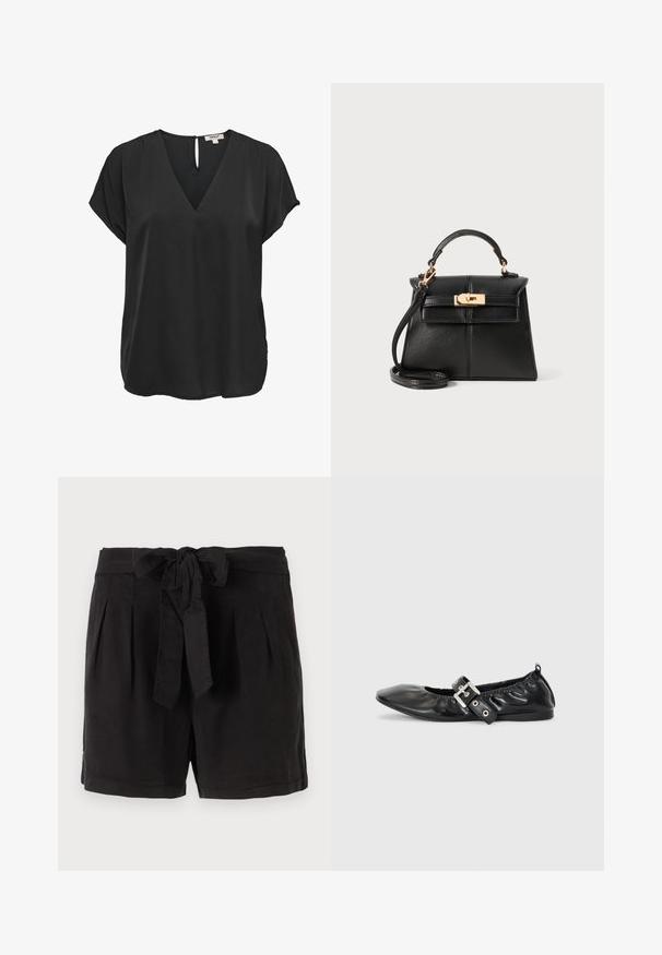 Zwarte blouse met korte mouwen, V-hals en knoopsluiting aan de achterkant, losse pasvorm, gemaakt van gladde stof.; Zwarte katoenen shorts met een strikgordel in de taille, plooien aan de voorkant en zijzakken. Gladde textuur en casual ontwerp.; Zwarte leren platte schoen met een spitse neus, geplooide details rond de opening en een zilveren gespaccentueerde verstelbare band.; Zwarte leren handtas met een gestructureerd ontwerp, een bovenhandvat, een afneembare schouderriem en hardware in goudkleur op een magnetische sluiting.
