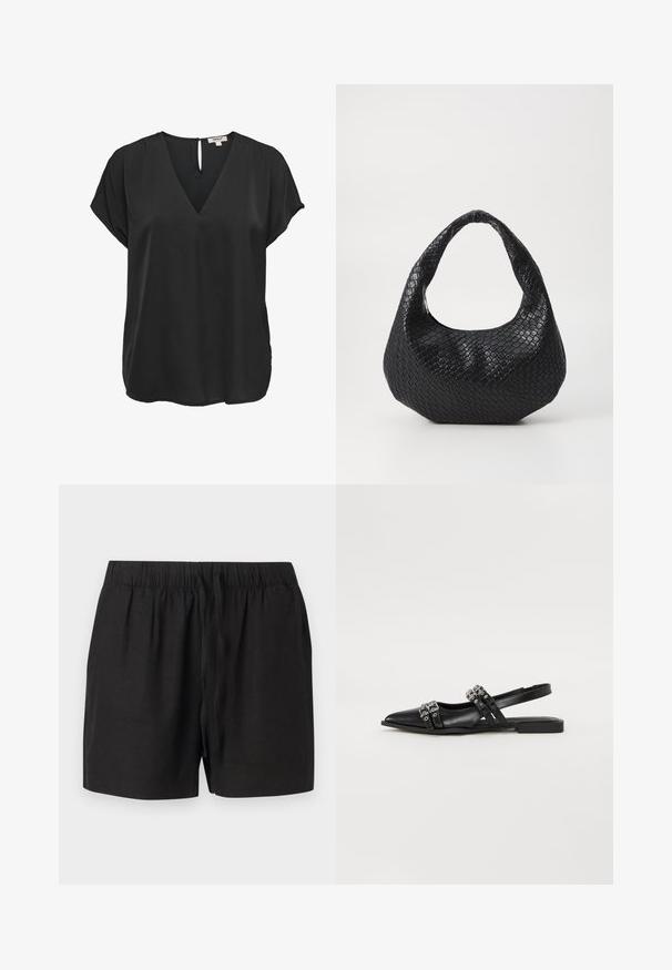 Sort kortærmet bluse med V-hals og knaplukning med nøglehul bagpå, løs pasform, lavet af glat stof.; Sorte afslappede shorts med elastisk talje og snor foran, lavet af letvægtsstof, vist mod en neutral baggrund.; Even&Odd Slingback-ballerinasko - black; Sort flettet håndtaske med et buet håndtag, der har en struktureret overflade og en afslappet form. Glat finish med en organisk silhuet.