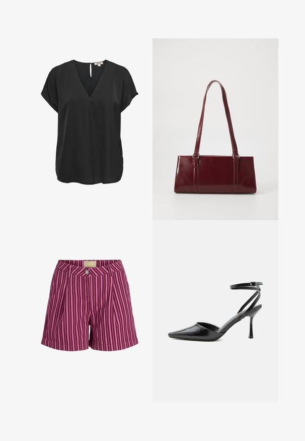 Zwarte blouse met korte mouwen, V-hals en knoopsluiting aan de achterkant, losse pasvorm, gemaakt van gladde stof.; Paarse en roze verticale gestreepte shorts met knoopsluiting en riemlussen, met voorplooien en een JJXX merklabel aan de binnenkant van de tailleband.; Zwarte pumps met puntige neus, dunne enkelbandjes en een zilveren gesp op een effen lichte achtergrond.; Bourgondische handtas van glanzend materiaal, rechthoekige vorm, met twee schouderbanden en subtiele gebogen accenten aan de voorkant.