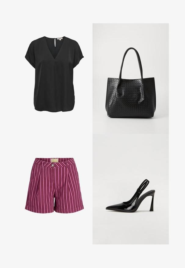 Zwarte blouse met korte mouwen, V-hals en knoopsluiting aan de achterkant, losse pasvorm, gemaakt van gladde stof.; Paarse en roze verticale gestreepte shorts met knoopsluiting en riemlussen, met voorplooien en een JJXX merklabel aan de binnenkant van de tailleband.; Zwarte gepatineerde leren slingback pump met puntige neus, slanke hoge hak en dubbele elastische band voor een veilige pasvorm. Gladde, glanzende oppervlakte.; Zwarte geweven lederen totebag met twee handvaten, gestructureerde vorm en subtiele glanzende afwerking, tegen een eenvoudige lichte achtergrond.