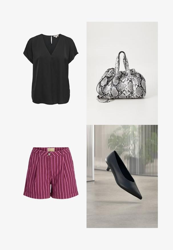 Sort kortærmet bluse med V-hals og knaplukning med nøglehul bagpå, løs pasform, lavet af glat stof.; Lilla og pink vertikalt stribede shorts med knaplukning og bæltestropper, med forreste plisseringer og et JJXX-brandmærke inde i linningen.; Sort spids tå kitten heel sko, der svæver over en glat betongulv med lodrette gennemsigtige paneler i baggrunden.; Håndtaske med sort og hvid slidmønster, to håndtag, snøre lukning og aftagelig skulderrem. Glat tekstur.