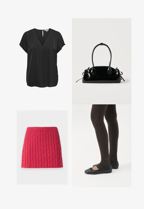 Zwarte blouse met korte mouwen, V-hals en knoopsluiting aan de achterkant, losse pasvorm, gemaakt van gladde stof.; Rode gebreide minirok met verticaal kabelpatroon en geribbelde tailleband en zoom tegen een witte achtergrond.; Benen met donkere geribbelde leggings gecombineerd met zwarte ballerina's met kleine strikdetails op een witte achtergrond.; Kleine zwarte glanzende handtas met twee lange hengsels en zijkant trekkoord details op een effen lichte achtergrond.