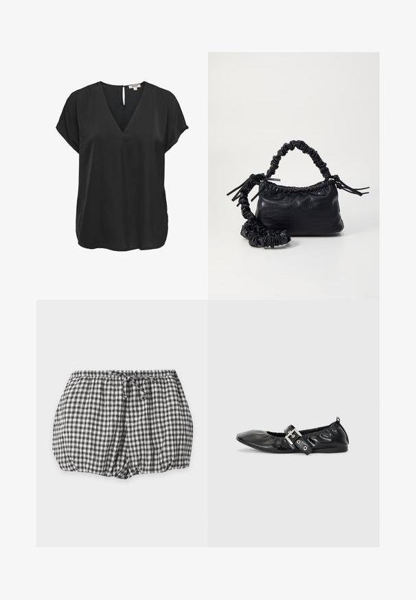 Sort kortærmet bluse med V-hals og knaplukning med nøglehul bagpå, løs pasform, lavet af glat stof.; Sort-hvide ternede shorts med elastisk talje og frontsnøre, vist på en ensartet hvid baggrund.; Sorte læder flade sko med spids tå, samling detaljer omkring åbningen, og en sølv spænde accent på den justerbare rem.; Sort kunstlæder håndtaske med krokodilteksur, indsnøret top og en sammenkrøben rem. Ser blød og kompakt ud i designet.
