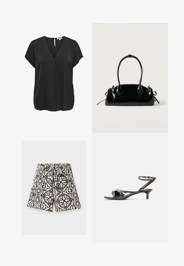 Zwarte blouse met korte mouwen, V-hals en knoopsluiting aan de achterkant, losse pasvorm, gemaakt van gladde stof.; High waisted shorts met zwart-wit geometrisch bloemenpatroon en een stoffen riem die in een strik aan de taille is geknoopt.; Zwarte lakleren sandaal met dunne bandjes, een klein kittenhakje en verstelbare enkelgesp.; Kleine zwarte glanzende handtas met twee lange hengsels en zijkant trekkoord details op een effen lichte achtergrond.
