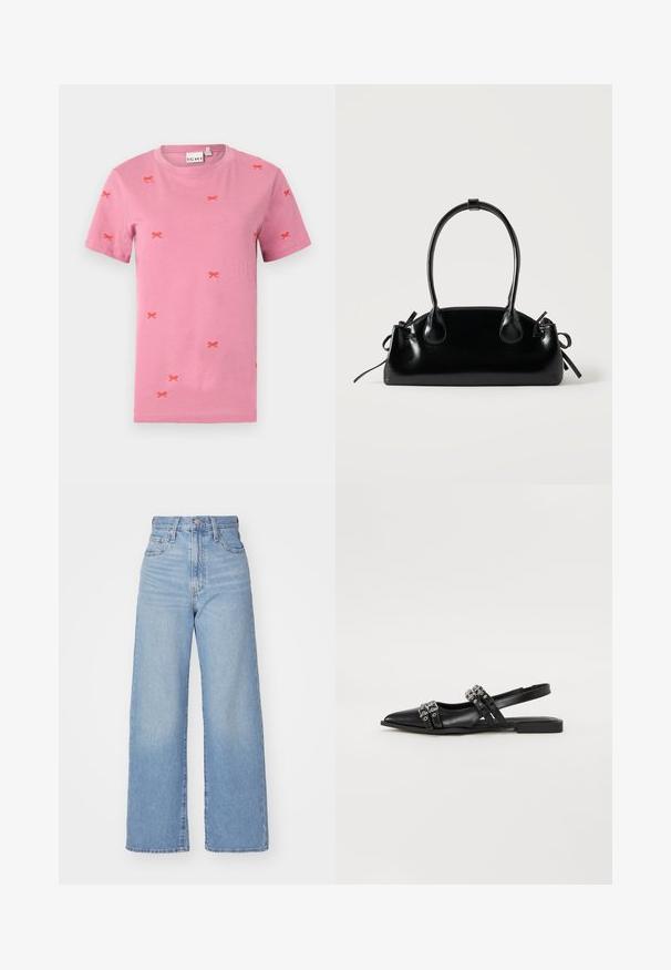 Rosa Baumwoll-T-Shirt mit kurzen Ärmeln und verstreuten roten Bogenstickereien. Rundhalsausschnitt und Standardpassform.; Hellblaue High-Waist-Weite-Leg-Jeans mit Knopf- und Reißverschluss vorne, Vorder- und Rückentaschen, auf weißem Hintergrund.; Even&Odd by Zalando Sling-Ballerina - black; Kleine schwarze glänzende Handtasche mit zwei langen Griffen und seitlichen Kordelzug-Details vor einfachem hellem Hintergrund.