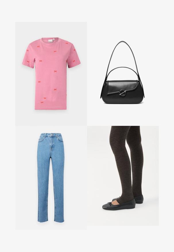 Korte mouwen roze katoenen T-shirt met verspreide rode strikborduursels. Ronde hals en standaard pasvorm.; Lichtblauwe high-waisted jeans van denim, met een rechte pasvorm, frontzakken en een raw hem bij de enkels.; Benen met donkere geribbelde leggings gecombineerd met zwarte ballerina's met kleine strikdetails op een witte achtergrond.; Zwarte leren schoudertas met een gebogen klep die is bevestigd met een ronde metalen sluiting en een smalle, verstelbare band.