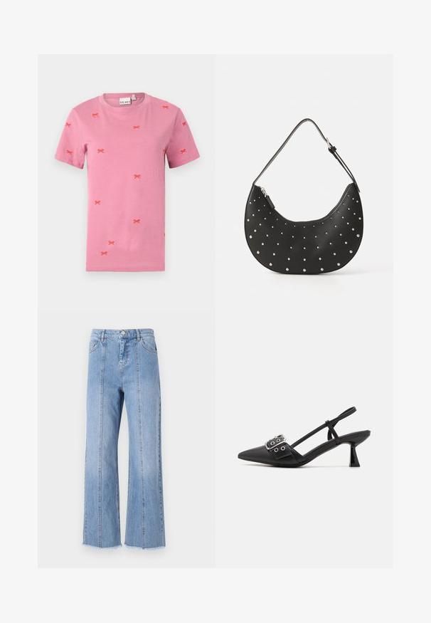 Korte mouwen roze katoenen T-shirt met verspreide rode strikborduursels. Ronde hals en standaard pasvorm.; Lichtblauwe denim wijdlopende jeans met een hoge taille, voornaad en onbewerkte zoom. Voorzien van een klassieke knoop- en ritsluiting in de taille.; Simmi London DALA - Klassieke pumps - black; Zwarte leren handtas met een gebogen vorm, versierd met zilveren studs, voorzien van een ritssluiting en een enkele verstelbare schouderband.