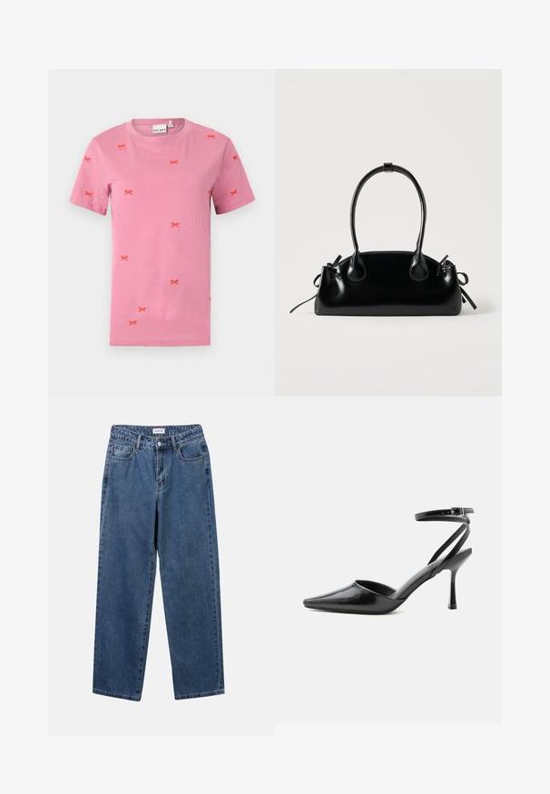 Rosa Baumwoll-T-Shirt mit kurzen Ärmeln und verstreuten roten Bogenstickereien. Rundhalsausschnitt und Standardpassform.; Klassische blaue Denim-Jeans mit geradem Bein, fünf Taschen und Knopfverschluss. Sie verfügen über eine mittelblau gewaschene Optik und sind aus robuster Textur.; Schwarzer spitzer High Heel mit dünnen Knöchelriemen und silberner Schnalle auf einfachem hellem Hintergrund.; Kleine schwarze glänzende Handtasche mit zwei langen Griffen und seitlichen Kordelzug-Details vor einfachem hellem Hintergrund.