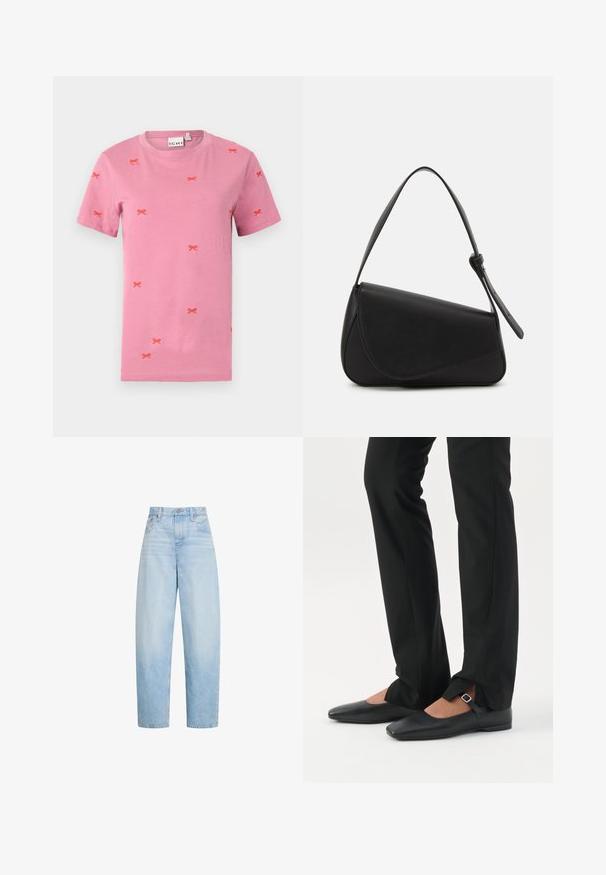 Rosa Baumwoll-T-Shirt mit kurzen Ärmeln und verstreuten roten Bogenstickereien. Rundhalsausschnitt und Standardpassform.; Hellblaue Jeans mit hohem Bund und geradem Bein, mit vorderen Taschen, Gürtelschlaufen und einem Knopfverschluss.; Beine in schwarzen schmalen Hosen mit vorderen Schlitzen am Saum, kombiniert mit schwarzen flachen Mary-Jane-Schuhen mit kleinem Schnallenriemen.; Schwarze Lederhandtasche mit dreieckiger Form, schrägem Klappdeckel und rundem Oberhandgriff. Verfügt über eine glatte Textur und minimalistische Designdetails.