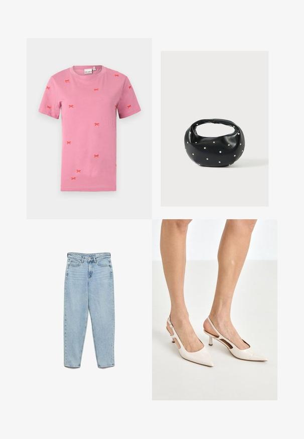 Rosa Baumwoll-T-Shirt mit kurzen Ärmeln und verstreuten roten Bogenstickereien. Rundhalsausschnitt und Standardpassform.; Hellblaue High-Waist-Jeans aus Denim mit Vordertaschen, Gürtelschlaufen, Knopfleiste und verjüngten Beinen auf weißem Hintergrund.; Beige Lackleder Slingback-Absätze mit spitzem Fuß und 5 cm Absatz, mit ausgeschnittenen Seiten und einem schmalen Knöchelriemen.; Schwarze Lederhandtasche mit abgerundeter Form, verziert mit silbernen Nietenakzenten und kurzem Griff. Glatte Struktur und Reißverschlussverschluss.