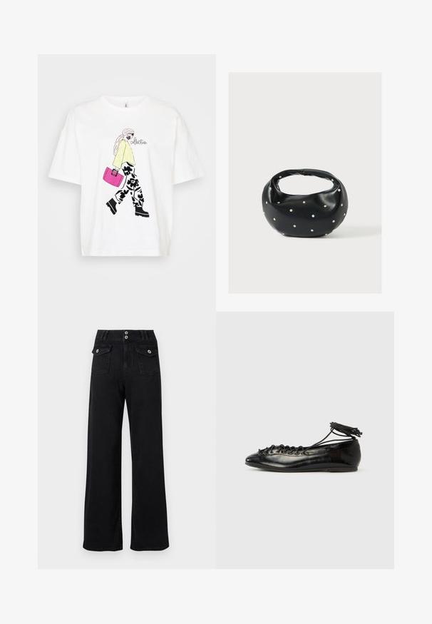 Hvid T-shirt med en grafik af en figur i en gul sweater og blomstrede bukser, der bærer en lyserød taske. Sorte detaljer tilføjer dybde.; Sorte, vidde bukser med høj talje og to forlommer med klapper, der lukkes med knapper, samt dobbelt knaplukning ved taljen.; Sorte balletflade sko i laklæder med rundet tå, snørelukning og flad sål. Glat tekstur med få detaljer.; Sort læderhåndtaske med en rundet form, dekoreret med sølvnitter, og et kort håndtag. Glat tekstur og lynlåslukning.