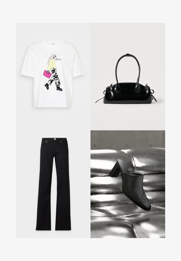 Hvid T-shirt med en grafik af en figur i en gul sweater og blomstrede bukser, der bærer en lyserød taske. Sorte detaljer tilføjer dybde.; Sort højtaljede jeans med brede ben, frontknap, bæltestropper og nitter på forlommerne, vist på en ensfarvet lys baggrund.; Sort lædermule med blokhæl hvilende på en skinnende sølvpolstret overflade, der fremhæver dens elegante design og buede detaljer.; Lille sort blank håndtaske med to lange håndtag og snøre-detaljer i siden på en ensfarvet lys baggrund.