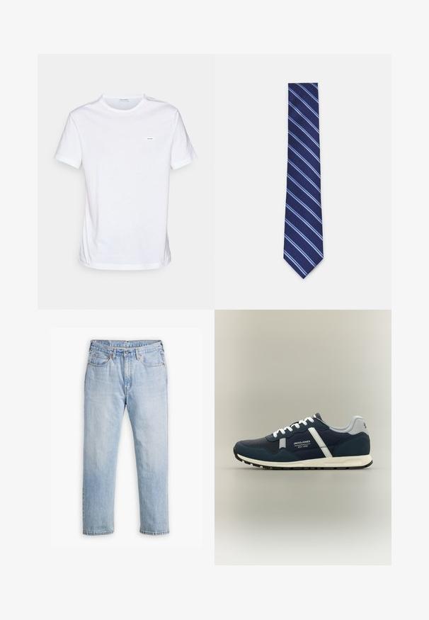 Witte katoenen t-shirt met korte mouwen, ronde hals, en een klein merklabel op de borst. Gladde textuur en minimalistisch ontwerp.; Lichtblauwe denim jeans met een recht model, vijf zakken en contrasterende stiksels. Knopen- en ritssluiting bij de taille.; Donkerblauwe en grijze Jack & Jones sneaker met witte veters, witte zijstreep en zwarte zool, zijaanzicht op een neutrale achtergrond.; Marineblauwe stropdas met diagonale lichtblauwe strepen. Bevat een gestructureerd patroon en een puntige punt. Het materiaal is glad en geweven.