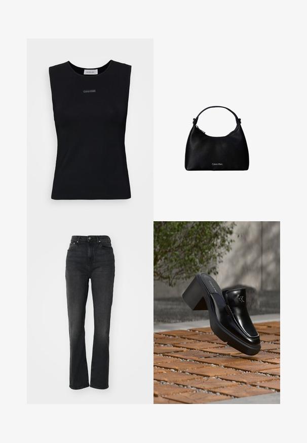 Top sans manches noir en tissu lisse. Doté d'un col rond et d'un petit logo Calvin Klein au centre. Design simple et ajusté.; Jeans en denim noir taille haute avec jambes droites, design à cinq poches, fermeture à bouton à l'avant et détails de couture minimaux.; Mule slip-on en cuir noir Calvin Klein avec talon bloc reposant sur des carreaux en bois à l'extérieur près d'une plante verte et d'un mur gris.; Sac à main en cuir noir texturé avec une seule bandoulière et un logo Calvin Klein argenté sur le devant, fermeture éclair sur le côté.