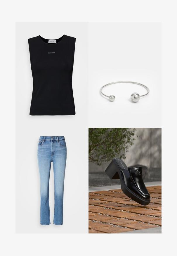 Top sans manches noir en tissu lisse. Doté d'un col rond et d'un petit logo Calvin Klein au centre. Design simple et ajusté.; Jean en denim bleu avec taille haute, coupe droite, dégradé de couleur usé et style cinq poches. Fermeture à bouton en métal et zip.; Mule slip-on en cuir noir Calvin Klein avec talon bloc reposant sur des carreaux en bois à l'extérieur près d'une plante verte et d'un mur gris.; Bracelet jonc en métal argenté avec deux accents sphériques à chaque extrémité, surface lisse, design ouvert et forme épurée et minimaliste.