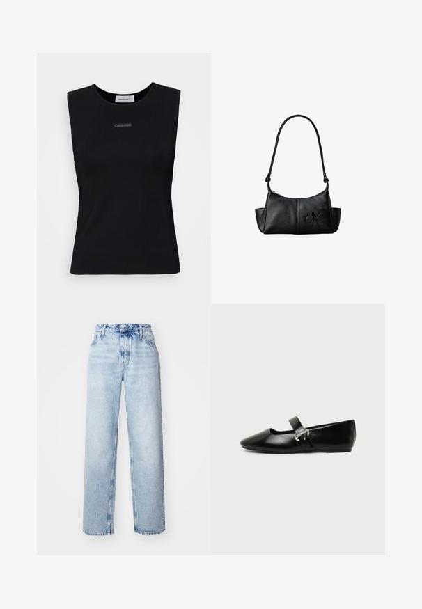 Top sans manches noir en tissu lisse. Doté d'un col rond et d'un petit logo Calvin Klein au centre. Design simple et ajusté.; Jeans taille haute bleu clair avec une coupe ample, mettant en avant des jambes droites, cinq poches et une fermeture classique à boutons et zip.; Chaussure plate Mary Jane en cuir noir avec bout arrondi et bride à boucle argentée sur fond uni.; Sac à bandoulière en cuir noir avec une longue sangle, des poches latérales et le logo Calvin Klein embossé sur le devant.