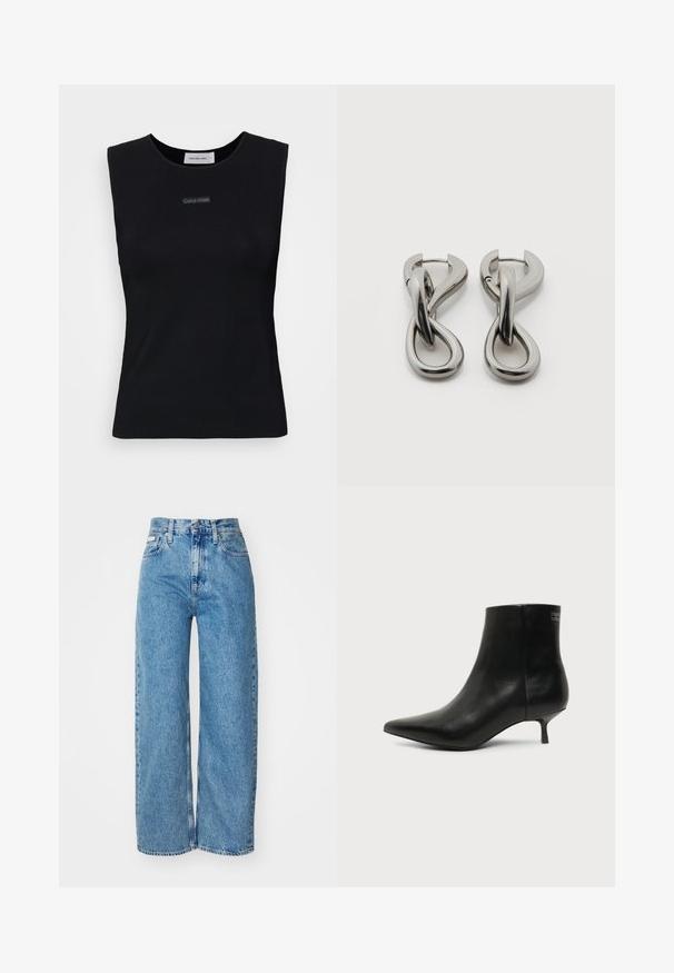Top sans manches noir en tissu lisse. Doté d'un col rond et d'un petit logo Calvin Klein au centre. Design simple et ajusté.; Jean large en denim bleu clair avec taille haute, ourlet effiloché et design à cinq poches. La texture usée ajoute de la profondeur au tissu.; Bottine en cuir noir avec bout pointu et petit talon kitten sur fond clair, vue côté extérieur.; Paire de boucles d'oreilles en métal argenté avec un motif abstrait d'anneaux entrelacés sur fond blanc.