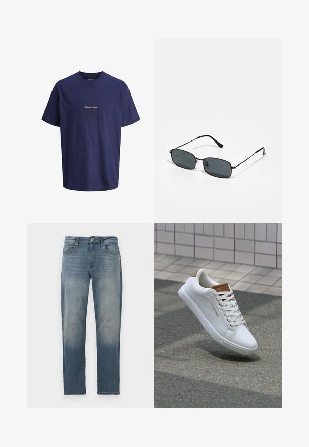 Navyblaue Baumwoll-T-Shirt mit kurzen Ärmeln, rundem Ausschnitt und orange besticktem Text „Originals Studio“ vorne in der Mitte.; Helle blaue Jeans aus Denim mit geradem Schnitt, Fünf-Taschen-Design, Metallknopfverschluss und dezenten Abnutzungsspuren auf der Vorderseite.; Weiße Ledersneaker mit glatter Textur, tanfarbener Akzent an der Ferse, goldenes Logo an der Seite und Gummisohle mit strukturiertem Griff.; Schwarze rechteckige Sonnenbrille mit dünnem Metallrahmen und dunklen Gläsern, die auf einer weißen Oberfläche liegt.