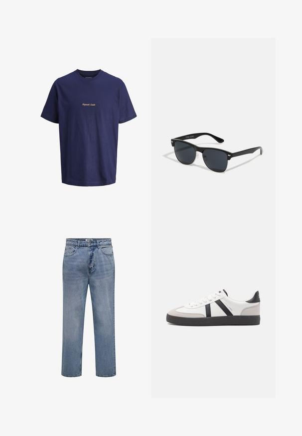 Marineblå bomuld T-shirt med korte ærmer, rund halsudskæring og orange broderet tekst "Originals Studio" på frontens midte.; Lyseblå straight-leg denim jeans med knap- og lynlåslukning samt for- og baglommer.; Hvide sneakers med sorte og grå detaljer, med en tekstureret grå tåhætte, sort gummisål og flade hvide snørebånd. Rent design, minimalistisk stil.; Sorte solbriller med rektangulær form, mørke linser, sølvdetaljer ved tindingerne og en mat finish på stellet.