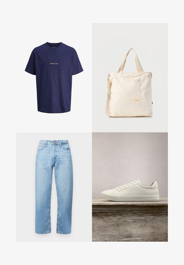Marineblauw katoenen T-shirt met korte mouwen, ronde hals en oranje geborduurde tekst "Originals Studio" in het midden aan de voorkant.; Lichtblauwe denim jeans met een rechte snit, vijf zakken en een knoopsluiting. Gladde textuur en minimale vervaging met gestikte accenten.; Witte vetersneaker die boven een houten bank zweeft met groene bladeren op de achtergrond, waarbij het ontwerp en de textuur van de schoen worden getoond.; Crèmekleurige canvas boodschappentas met voorvak, twee handvatten, verstelbare schouderriem en kleine gele "O.N.S" tekst rechtsonder op het vak.