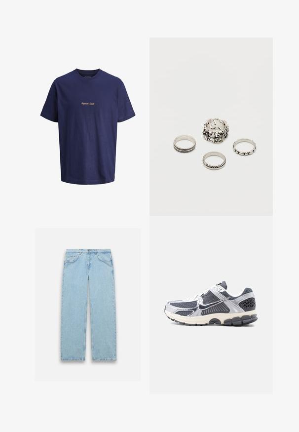 Navyblaue Baumwoll-T-Shirt mit kurzen Ärmeln, rundem Ausschnitt und orange besticktem Text „Originals Studio“ vorne in der Mitte.; Hellblaue Jeans aus Denim mit geradem Bein, ausgestattet mit einem Knopfverschluss, fünf Taschen und dezenten Stickdetails.; Grauer und weißer Herren-Sportschuh mit Mesh-Einsätzen, reflektierenden silbernen Überzügen, weißen Schnürsenkeln und schwarzer, strukturierter Sohle, Seitenansicht.; Vier silberne Ringe mit unterschiedlichen strukturierten Designs sind auf weißem Hintergrund in loser Anordnung dargestellt.