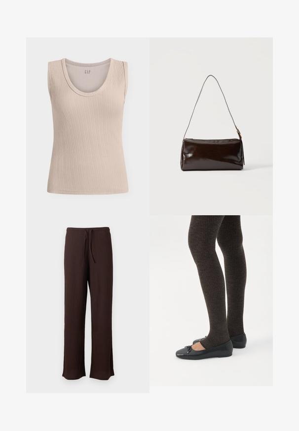 Débardeur beige côtelé sans manches avec encolure arrondie, tissu texturé et logo GAP à l’intérieur du col.; Pantalon large texturé marron foncé avec ceinture élastique et cordon, présenté sur un fond clair uni.; Jambes portant des leggings côtelés foncés associés à des ballerines noires avec de petits détails en nœud sur fond blanc.; Sac à bandoulière rectangulaire en cuir marron foncé avec une seule sangle fine et une boucle dorée sur un fond uni.