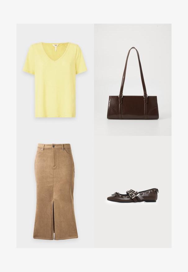 T-shirt jaune à col en V, fabriqué en tissu doux avec des manches courtes, présentant une coupe décontractée et un détail de couture minimal au niveau de l'encolure.; Jupe midi en daim marron avec fente avant, couture contrastante et design à cinq poches. Texture lisse et forme ajustée.; Chaussure plate en cuir marron foncé avec bout pointu, doubles brides à boucles argentées, œillets métalliques et nœud décoratif à l'avant.; Sac à main en cuir verni marron de forme rectangulaire, avec deux longues poignées et des accents courbés subtils à l'avant.