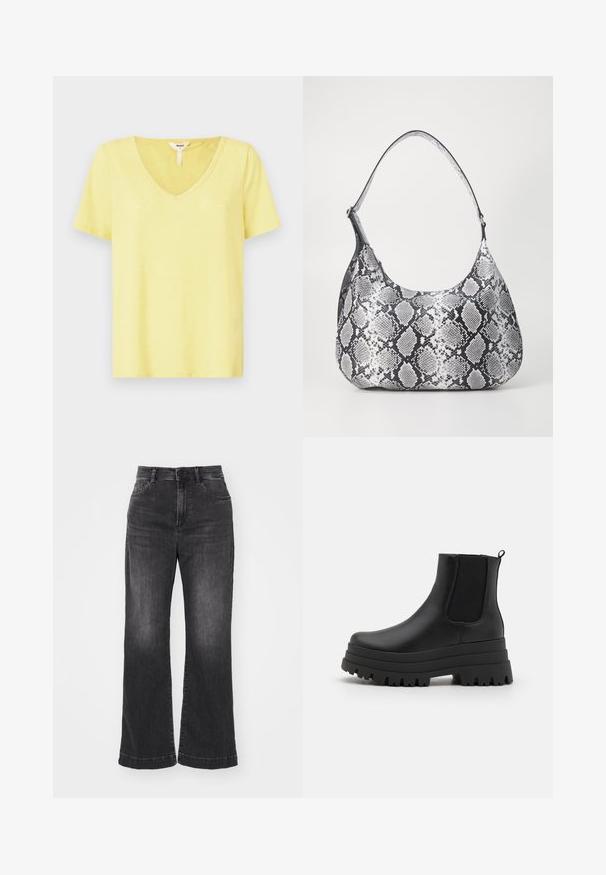 T-shirt jaune à col en V, fabriqué en tissu doux avec des manches courtes, présentant une coupe décontractée et un détail de couture minimal au niveau de l'encolure.; Jean en denim noir à jambes larges avec taille haute, design à cinq poches et texture délavée. Comprend une fermeture à bouton et à glissière.; Bottes Chelsea noires avec une semelle épaisse, tige en cuir lisse, panneaux latéraux élastiques et une languette pour un enfilage facile.; Sac à épaule en simili cuir noir et blanc avec imprimé serpent, de forme arrondie, texture lisse et bandoulière incurvée. Présente un accent en matériel argenté.
