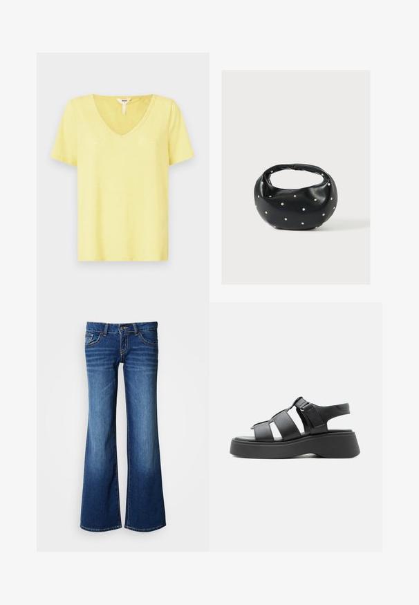 T-shirt jaune à col en V, fabriqué en tissu doux avec des manches courtes, présentant une coupe décontractée et un détail de couture minimal au niveau de l'encolure.; Jeans en denim évasés bleu foncé, dotés d'un design classique à cinq poches, fermeture à boutons et surpiqûres contrastantes. Texture lisse.; Sandale plateforme noire avec trois larges brides, bride de cheville ajustable et semelle épaisse, vue de profil sur fond blanc.; Sac à main en cuir noir de forme arrondie, décoré de clous argentés et équipé d'une poignée courte. Texture lisse et fermeture éclair.