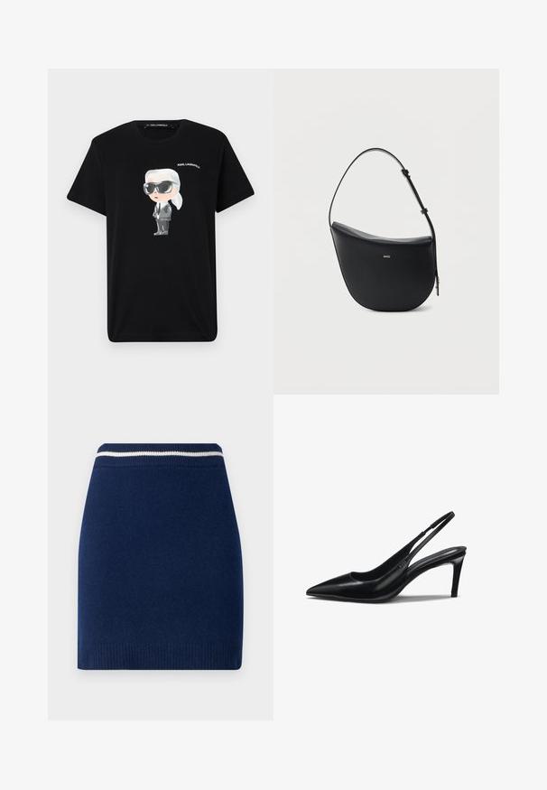 Schwarzes Baumwoll-T-Shirt mit einem Graffiti-Charaktermotiv in Grau und Weiß, der eine Sonnenbrille und einen Anzug trägt, mit "KARL LAGERFELD" darüber gedruckt.; Marineblaue Strickrock mit figurnaher Passform, ausgestattet mit einem gerippten Bund und einem kontrastierenden weißen Streifen. Glatte Textur, knielang.; Schwarzer High-Heel-Pumps aus Leder mit spitz zulaufender Schuhspitze, schmalem Stiletto-Absatz und schmalem Riemen um die Ferse.; Schwarze halbmondförmige Lederschultertasche mit verstellbarem Schulterriemen und goldenem "BOSS"-Logo mittig vorne.