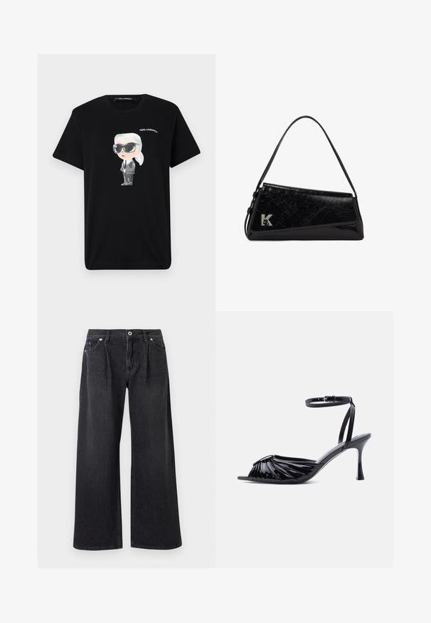 Sort bomulds t-shirt med en grafisk tegneseriefigur i grå og hvid, iført solbriller og jakkesæt, med "KARL LAGERFELD" trykt ovenfor.; Bredde ben sorte jeans lavet af denim, med knaplukning foran, to frontlommer og en ren finish uden pynt.; Sort højhælet sandal i laklæder med åben tå, rynket frontdesign og justerbar ankelrem med spænde.; Sort blank lædertrekantet håndtaske med en enkelt strop og sølvfarvet "K"-logo på den forreste hjørne.