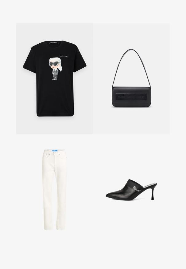 Zwarte katoenen t-shirt met een cartoonkarakter in grijs en wit, die een zonnebril en een pak draagt, met "KARL LAGERFELD" erboven gedrukt.; Lichtbeige denim jeans met rechte pijpen, vijf-pocket ontwerp, sluiting met knoop aan de voorkant en gestikte details langs de naden.; Zwarte leren muiltjes met een spitse neus en een stiletto hak. Voorzien van een brede band met zilveren lettertype-details aan de zijkant. Gladde textuur.; Zwarte leren handtas met een enkele schouderband, rechthoekige vorm, voorzien van een textuurpaneel met het geperste logo "KARL LAGERFELD" aan de voorkant.