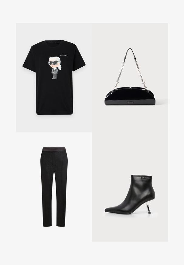 Sort bomulds t-shirt med en grafisk tegneseriefigur i grå og hvid, iført solbriller og jakkesæt, med "KARL LAGERFELD" trykt ovenfor.; Sorte skræddersyede bukser med en glat talje, lige ben og en subtil teksturmønster. Velegnede til formelt eller afslappet brug.; Sort læder ankelstøvle med spids tå og en blank sølv stilethæle på en hvid baggrund.; Sort blank skuldertaske med sølvkæde og lille KARL LAGERFELD-logo foran, mod en ensartet lys baggrund.