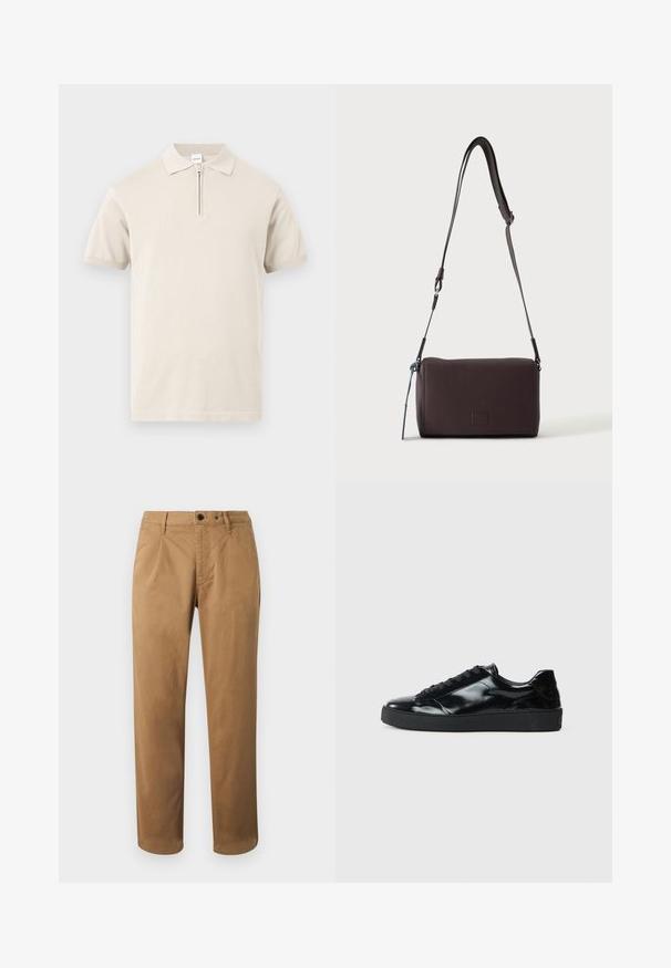 Polo beige à manches courtes avec col rabattu et courte fermeture éclair frontale sur un fond uni.; Chinos marron à jambes droites, plis à l'avant, deux poches avant et une seule poche arrière. Fabriqués dans un mélange de coton lisse.; Baskets en cuir verni noir avec un bout arrondi, un laçage, une semelle en caoutchouc texturé et une finition lisse.; Sac bandoulière en cuir marron foncé texturé avec une sangle réglable et un petit accent décoratif bleu sur le côté.