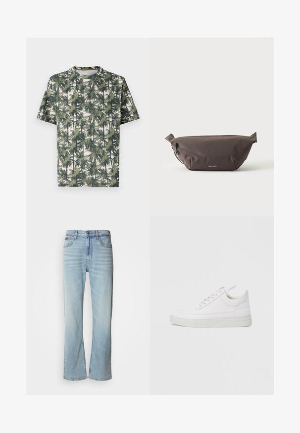 Kortærmet T-shirt i blødt stof med palmeprint. Dominerende farver inkluderer grøn og beige, med en afslappet pasform og rund hals.; Lyseblå denimjeans med lige ben, der har fem lommer, knaplukning og en subtil falmning på stoffet.; Hvid lædersneaker med rundet tå, flad sål og snørebånd foran. Har syningsdetaljer og polstret krave for komfort.; Mørkebrun stof talje taske med diagonalt lynlåslomme og lille hvidt logo på fronten, sat mod en ensfarvet lys baggrund.