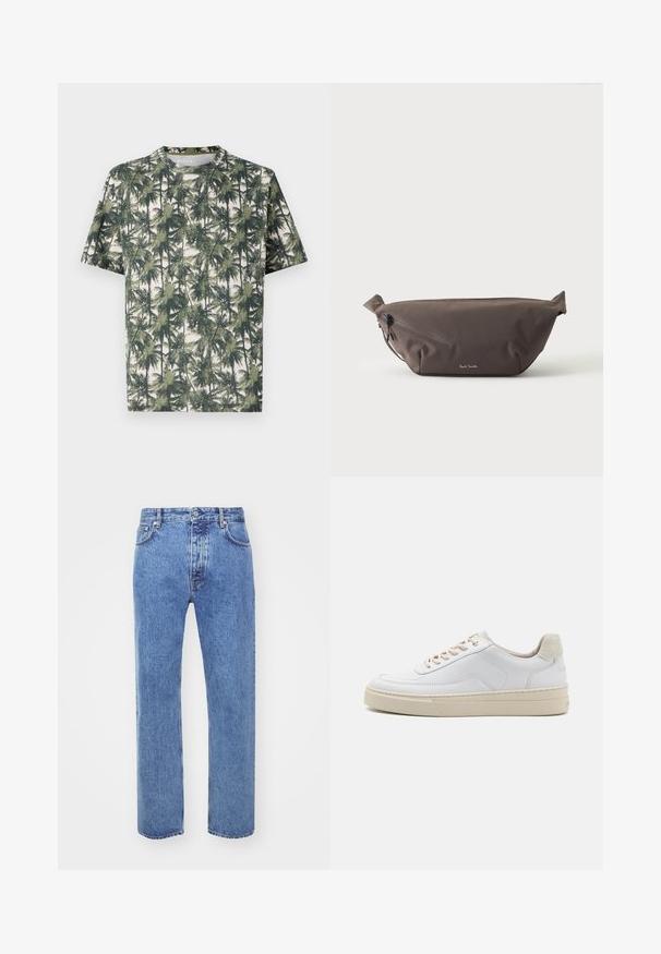 Kortærmet T-shirt i blødt stof med palmeprint. Dominerende farver inkluderer grøn og beige, med en afslappet pasform og rund hals.; Won Hundred STEVE - Jeans Relaxed Fit - cut blue; Hvide sneakers med en glat læderoverdel, beige snørebånd og en tekstureret beige ruskindsheel-tab. Hævet sål for ekstra højde.; Mørkebrun stof talje taske med diagonalt lynlåslomme og lille hvidt logo på fronten, sat mod en ensfarvet lys baggrund.