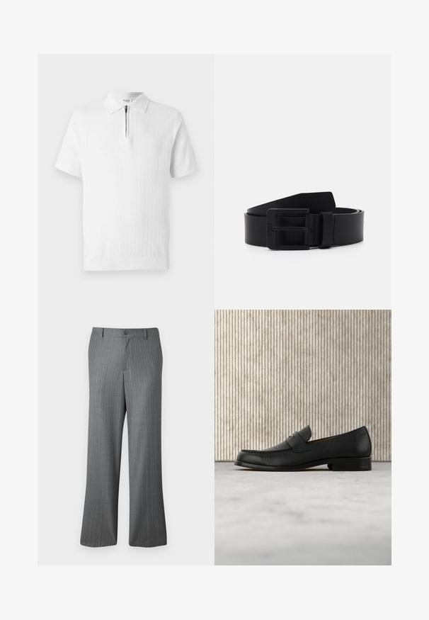 Polo shirt blanc à manches courtes avec un tricot texturé, doté d'un col zippé et d'un ourlet côtelé. Design épuré adapté à une tenue décontractée.; Pantalons gris à rayures fines avec une coupe décontractée, dotés d'une fermeture à bouton, de passants de ceinture et de subtiles rayures bleu clair tout au long.; Mocassin en cuir noir flottant au-dessus d'un tapis beige avec une table ronde brune brillante en arrière-plan.; Ceinture en cuir noir à finition mate, présentant une boucle en métal rectangulaire et une texture lisse. Design simple sans motifs ni accents.