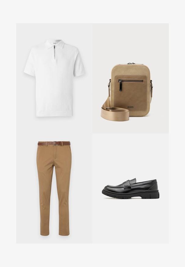 Witte polo met korte mouwen, gemaakt van een textuurgebreide stof, met een ritskraag en een geribde zoom. Schoon ontwerp, geschikt voor casual draag.; Tan chino's met een gestructureerde afwerking, voorzien van schuine zijzakken, een knoop- en rits sluiting, en een leren riem in bruin.; Zwarte leren instapper met een brede band over de voet, rubberen zool met dikke noppen en een gladde textuur. Klassiek, strak ontwerp.; Kleine beige crossbodytas met een voorvak met ritssluiting, metalen ALDO-logo, verstelbare brede band en afgeronde rechthoekige vorm op een witte achtergrond.