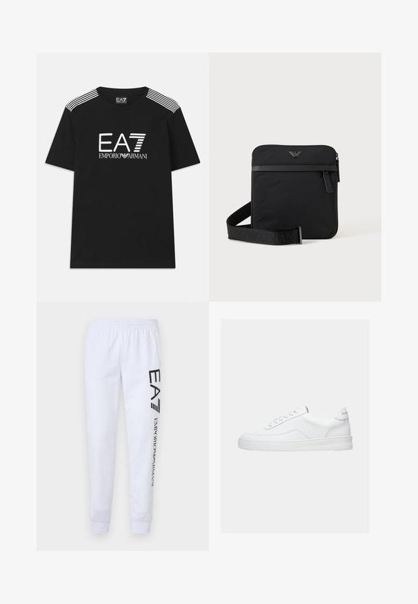Μαύρο βαμβακερό μπλουζάκι τύπου t-shirt με λευκό λογότυπο EA7 και κείμενο 'Emporio Armani'. Τρεις λευκές ρίγες στους ώμους ενισχύουν τον σχεδιασμό.; Λευκά φόρμας από μαλακό ύφασμα, με μαύρα εκτυπωμένα λογότυπα "EA7" και "Emporio Armani" κατά μήκος του αριστερού ποδιού, με ελαστική μέση και μανσέτες.; Λευκό sneaker χαμηλού τόνου με σχέδιο δέσιμο κορδονιών, λείο δερμάτινο επάνω μέρος και παχύ πάτο, εμφανιζόμενο από πλευρική όψη σε απλό φόντο.; Μαύρη τετράγωνη τσάντα ώμου με φερμουάρ, μπροστινή τσέπη και ρυθμιζόμενο ιμάντα με ανάγλυφο όνομα μάρκας.