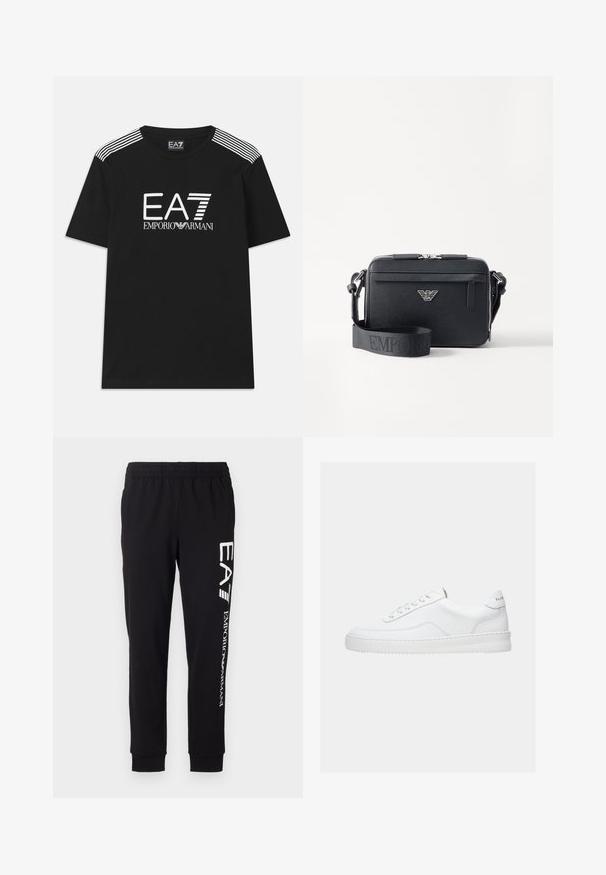 Zwarte katoenen T-shirt met een wit EA7-logo en de tekst 'Emporio Armani'. Drie witte strepen op de schouders versterken het ontwerp.; Zwarte sweatpants van rekbaar materiaal. Voorzien van een elastische tailleband, taps toelopende boorden en witte branding op het linkerbeen.; Witte lage sneaker met vetersluiting, glad leren bovenwerk en dikke zool, gezien vanuit de zijkant tegen een effen achtergrond.; Zwarte crossbody tas gemaakt van gestructureerd materiaal. Beschikt over een ritssluiting, een voorzak met rits en een metalen logoaccent. Inclusief verstelbare schouderband.