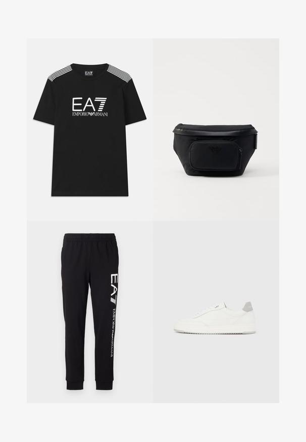 Sort bomulds t-shirt med et hvidt EA7-logo og teksten 'Emporio Armani'. Tre hvide striber på skuldrene fremhæver designet.; Sorte sweatpants lavet af strækbart stof. Har en elastisk talje, tapered manchetter og hvid branding på venstre ben.; Hvid lavtop-sneaker med gråt hælflig, hvide snørebånd og tekstureret sål, vist på en ensfarvet lys baggrund.; Sort nylon taske med en frontlomme med lynlås, der har en glat overflade og et logo som accent. Struktureret design med fold-over top.