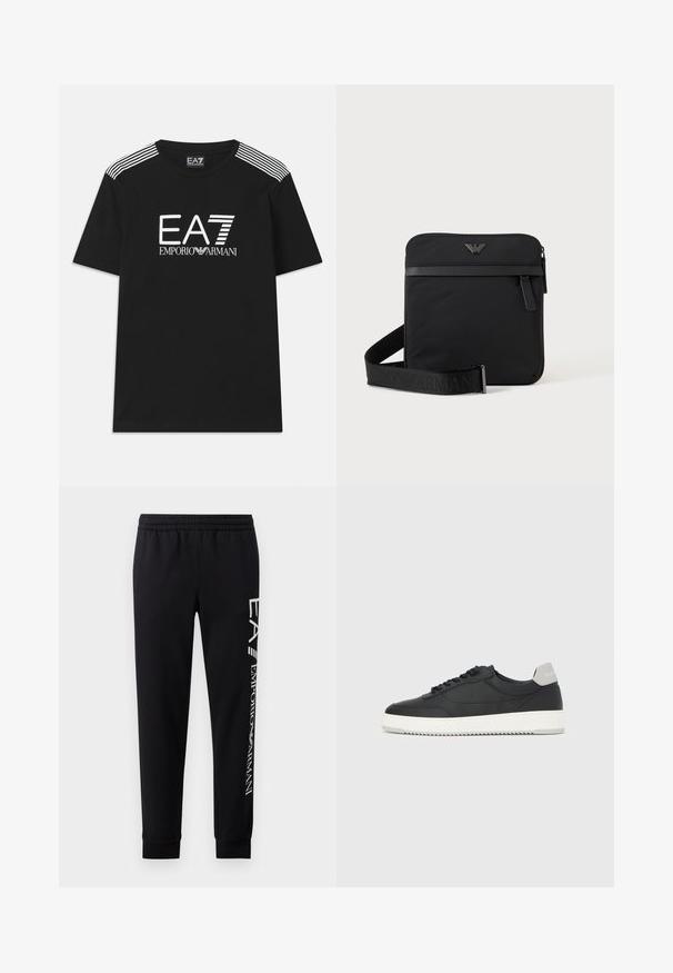 Čierne bavlnené tričko s bielym logom EA7 a textom 'Emporio Armani'. Tri biele pruhy na ramenách vylepšujú dizajn.; Čierne tepláky vyrobené z bavlnenej zmesi, s elastickým pásom, zúženými nohavicami, ribovanými manžetami a bielym logom na boku.; Čierna nízka teniska s bielou podrážkou a sivým pätovým pásikom, bočný pohľad na bielom pozadí.; Čierna štvorcová kabelka cez rameno so zipsom, predným vreckom a nastaviteľným popruhom s vyrazeným názvom značky.