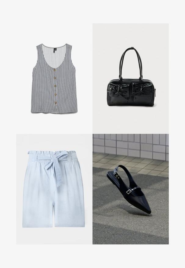 Stribet ærmeløs tanktop i hvid og navy. Har en dyb V-udskæring, knaplukning foran og en lomme til venstre. Glat stofoverflade.; Lyseblå shorts med høj talje med rynket elastik i taljen og matchende stofbælte med bindebånd.; Sort flad slingback med spids tå og dobbelte spænder, hvilende på grå asfalt nær flisevæg.; Sort læderhåndtaske med to frontlommer og sløjfedetaljer, med solide håndtag og en struktureret rektangulær form.