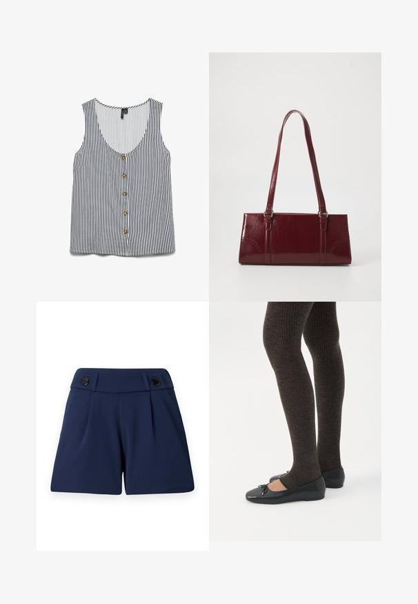 Stribet ærmeløs tanktop i hvid og navy. Har en dyb V-udskæring, knaplukning foran og en lomme til venstre. Glat stofoverflade.; Mørkeblå skræddersyede shorts lavet af letvægtsstof, med to frontfolder og to sorte knapper i taljen.; Ben iført mørke ribbede leggings kombineret med sorte balletsko med små sløjfedetaljer på hvid baggrund.; Bordeaux håndtaske lavet af glansfuldt materiale, rektangulær form, med to skulderremme og subtile buede detaljer på forsiden.