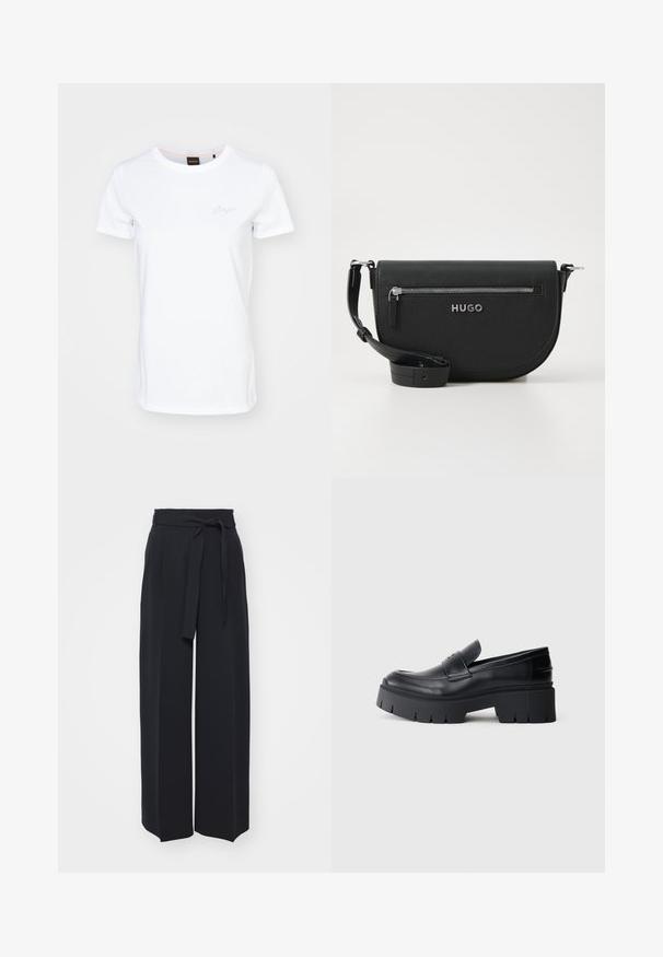 Camiseta blanca de manga corta hecha de algodón. Presenta un escote redondo y un sutil logo bordado en el pecho. Textura suave.; Pantalones negros de pierna ancha hechos de una tela suave. Presentan una cintura con cinturón y pliegues en la parte delantera. Textura suave con un diseño limpio y contemporáneo.; Mocasín negro con plataforma gruesa, parte superior de cuero suave, tira decorativa y suela gruesa texturizada sobre fondo blanco.; Bolso cruzado de cuero negro con forma redondeada, bolsillo con cremallera plateada y un logotipo de marca. Presenta una correa ajustable para mayor versatilidad.